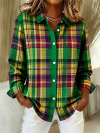 Elina – Checked Hoodie Blouse in Vivid Green Tones