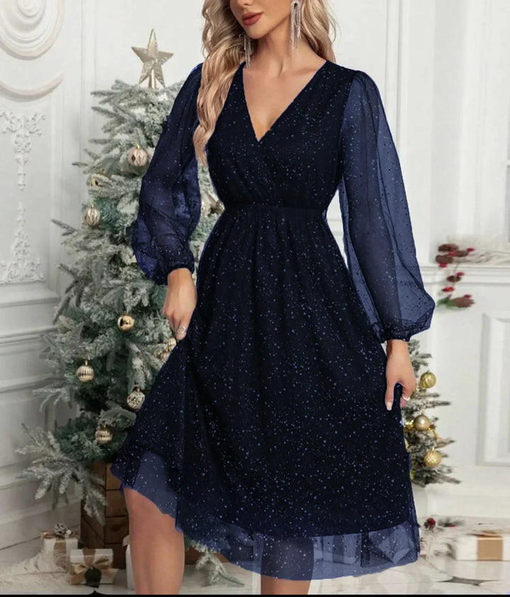 Mae Harper | Sparkling Mesh-Sleeve V-Neck Evening Dress