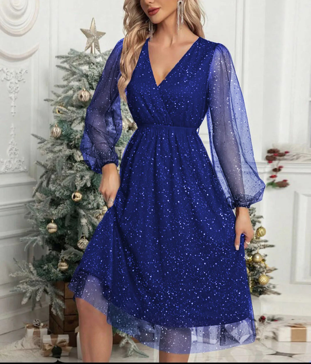 Mae Harper | Sparkling Mesh-Sleeve V-Neck Evening Dress