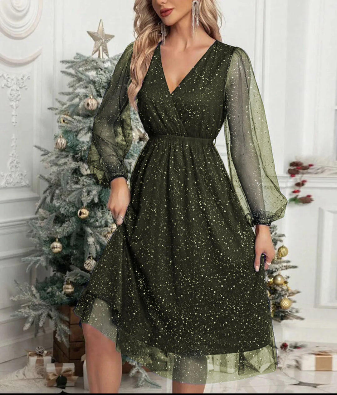 Mae Harper | Sparkling Mesh-Sleeve V-Neck Evening Dress