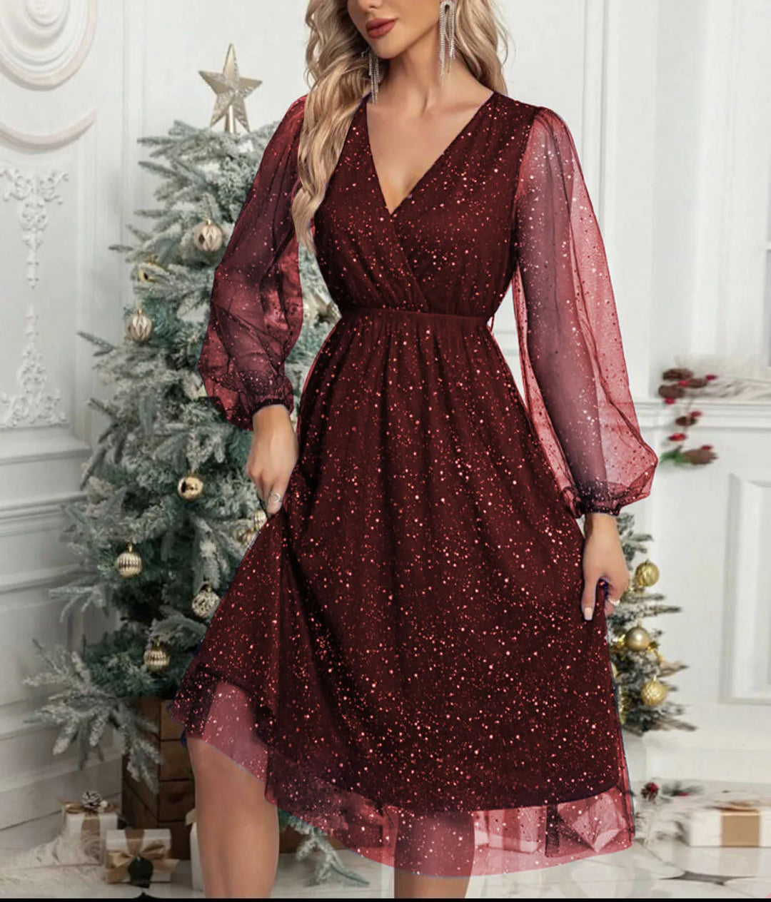 Mae Harper | Sparkling Mesh-Sleeve V-Neck Evening Dress