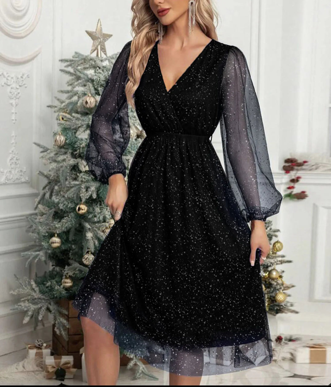 Mae Harper | Sparkling Mesh-Sleeve V-Neck Evening Dress