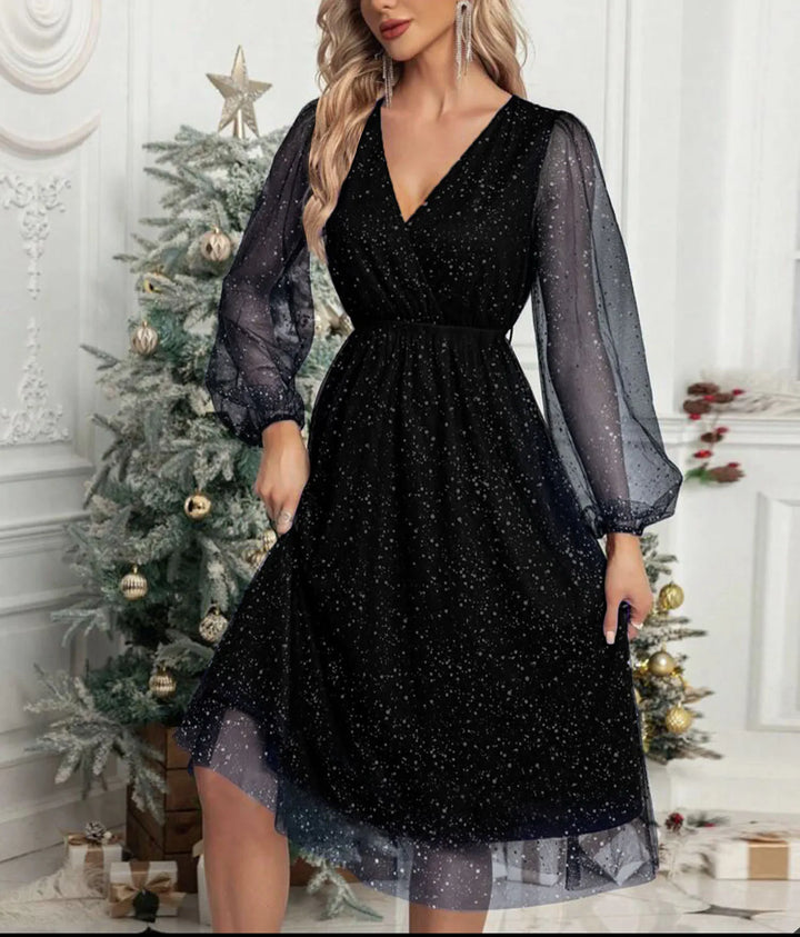 Mae Harper | Sparkling Mesh-Sleeve V-Neck Evening Dress