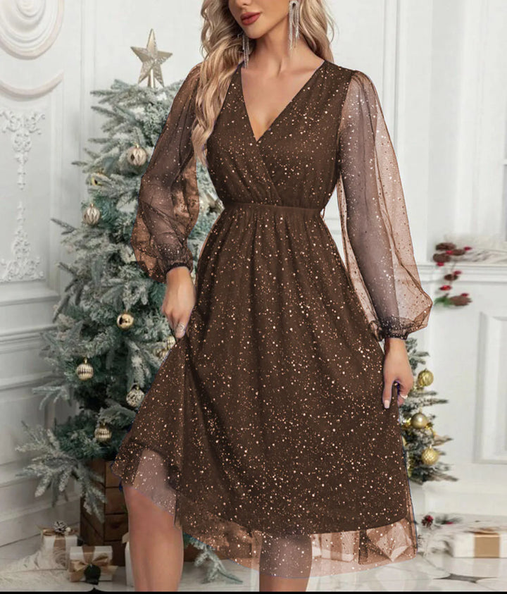Mae Harper | Sparkling Mesh-Sleeve V-Neck Evening Dress